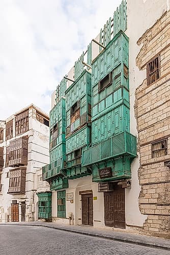 Saudi Arabia, Mecca, Jeddah, Al-Balad.Hijazi tower house with wooden Roshan windows and balconies. Art Print